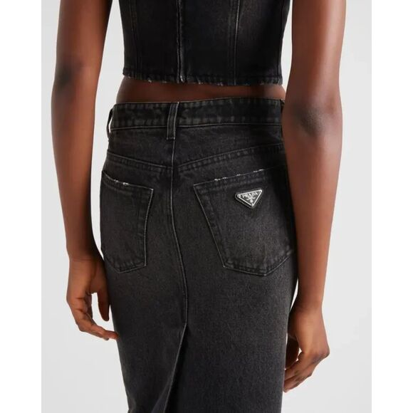 Prada Black Long Denim Midi Skirt Button Fly Size 4 US EUC - Picture 9 of 16